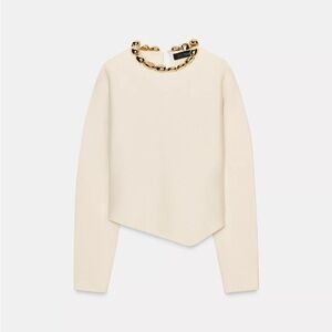 Zara Cream Crewneck Sweater with Gold Chain Detail